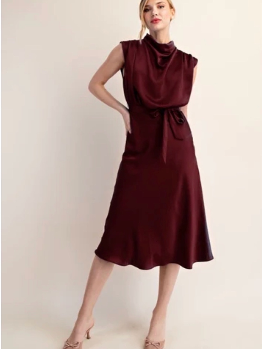 glam Sleeveless Cowl Midi Dress in Wine